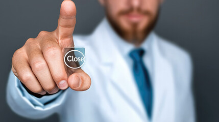 Businessman pointing at close icon, technology interface, digital button, focus on hand, modern office
