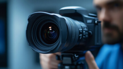 Professional Photographer Focusing Camera Lens for Capturing Stunning Images in Studio Setting
