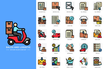 Sales and logistic colored icons set. contain account info, barcode scan, bill payment, delivery man, route and more. use for modern concept, print, UI, UX kit, web and app development. Vector EPS 10