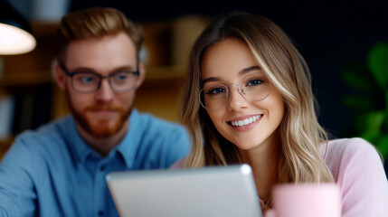 Young Woman Smiling While Using Tablet at a Modern Workspace with a Male Colleague Nearby