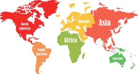 Continents Colorful World Map Featuring Continents North America, South America, Europe, Africa, Asia, Australia, Global Geography Infographic for Educational and Travel Reference © Vector World
