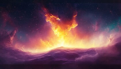 Obraz premium Fiery Nebula Explosion in Cosmos Spectacular Display of Red and Yellow Hues in a Vast Universe