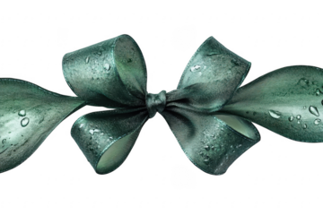 Elegant teal ribbon bow with water droplets on black background