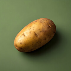 Whole russet potato on a solid olive green background.