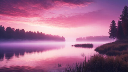 Fototapeta premium pink misty sunrise over the lake