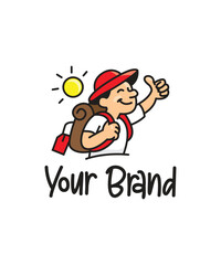 A cartoon drawing of a happy man with a brown backpack and a red bucket hat