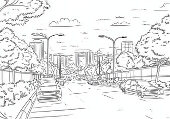 Obraz premium Ilustración monocromática de una calle urbana con perspectiva lineal