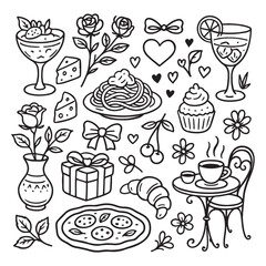 Set of hand drawn whimsical illustrations of food and drinks. Doodle drawings of italian and french 
food, cocktails, flowers and decor.