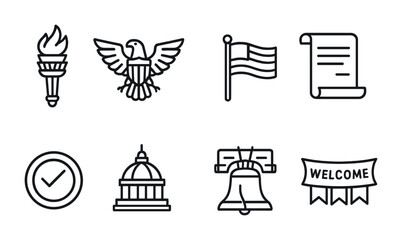 American symbols icons set featuring torch, eagle, flag, and liberty bell