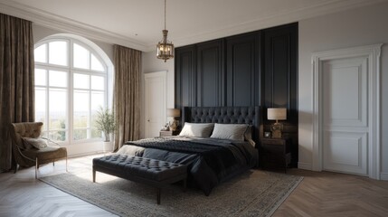 Sophisticated Bedroom Design Featuring Tufted Headboard and Arched Window View