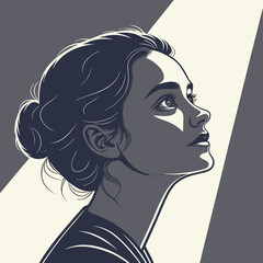 Portrait of a young woman, shot in shadows, with a vertical beam of light projected onto her eye