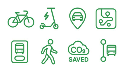 Sustainable urban transportation icons for eco-friendly commuting design
