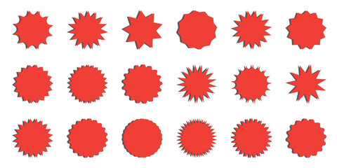 Red classic circle sticker set. Wavy edge promo red badges. Star burst shape tags for price. Blank sale stickers. Simple silhouette. Flat vintage labels with shadows. Graphic vector illustration.