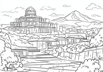 Paisaje urbano con imponente edificio y volcán al fondo - Dibujo lineal