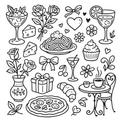 Set of hand drawn whimsical illustrations of food and drinks. Doodle drawings of italian and french 
food, cocktails, flowers and decor.