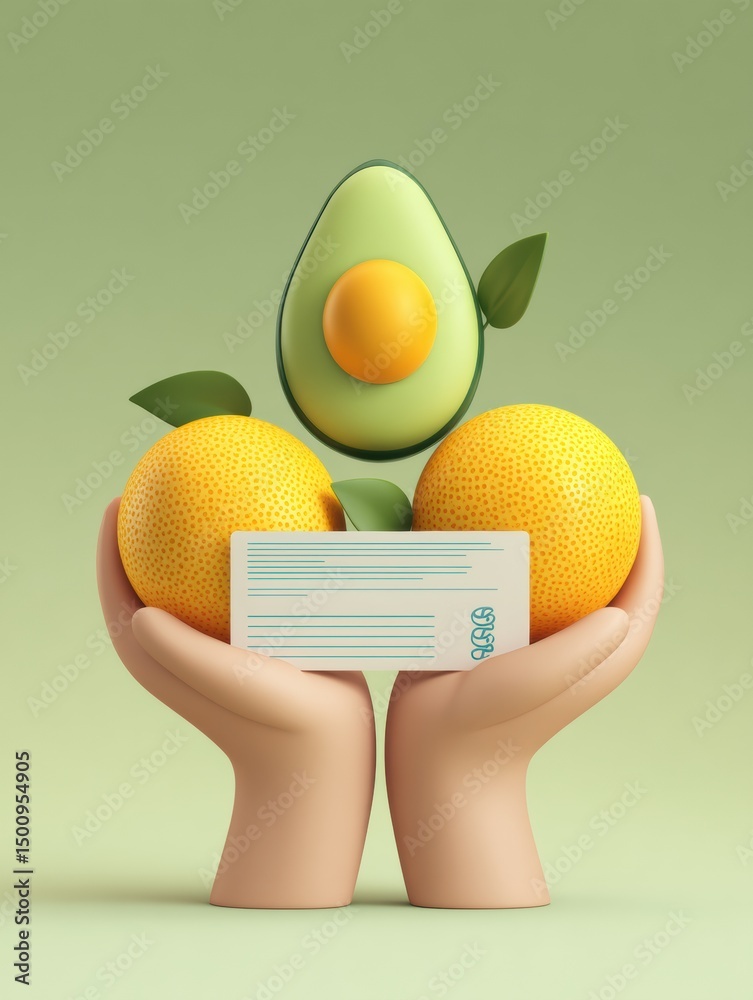 Poster hands holding fresh avocado and oranges with receipt icons against a soft fade background showcasing