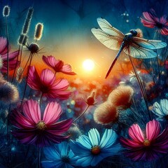 sunset and dragonfly