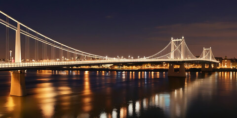 Fototapeta premium Night Bridge with Stunning Light Reflections and Blue Sky
