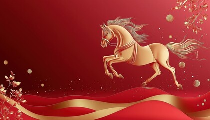 Golden Horse on Red and Gold Background for Chinese New Year 2026 Celebrations