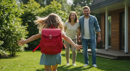Happy little girl running towards her parents after her first day of school, family, home, backyard, summer, childhood, happiness, education