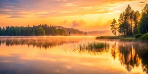 Obraz premium Golden Hour Serenity Misty Lake Reflecting Dawn's Warm Embrace on a Tranquil Woodland Shore