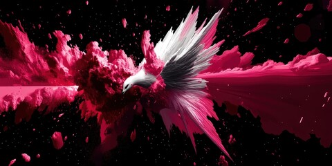 Ave abstracta en explosión de color rosa y blanco