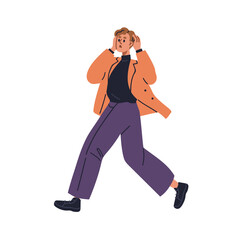 Plakat Rushing, hurrying in fear and panic. Frightened person running, leaving, escaping in stress, anxiety, grabbing head. Anxious nervous urgency. Flat vector illustration isolated on white background