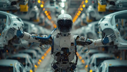 Fototapeta premium Futuristic robot in a car factory.