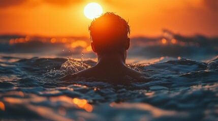 Person immersed in ocean water, sun setting in background