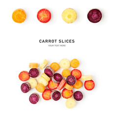 Colorful rainbow carrot slices isolated on white background photography.