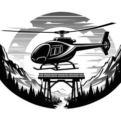 Black and white vector illustration of a small helicopter on a survey mission with a white background.