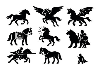 Obraz premium Mythical creatures and medieval warriors silhouette collection for design