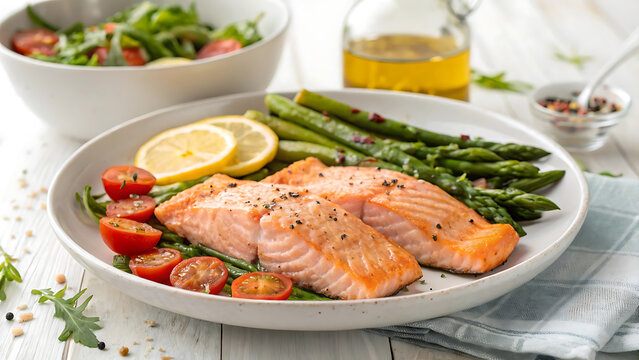 Delicious grilled salmon fillet with fresh vegetables and lemon for a healthy meal