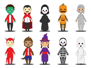 set icon of Halloween with cute character.
