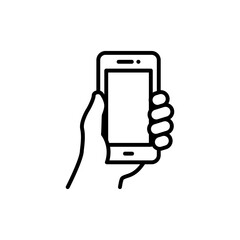 Smartphone in hand icon vector. Simple outline style. Thin line symbol.