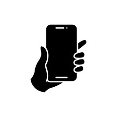 Hand holding smartphone icon. Simple solid style. Hold mobile phone with white screen. Glyph vector illustration isolated