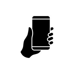 Hand holding smartphone icon. Simple solid style. Hold mobile phone with white screen. Glyph vector illustration isolated