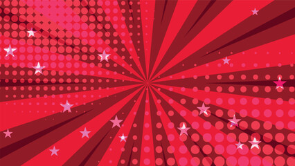 abstract red cartoon background with sunburst and stars 
