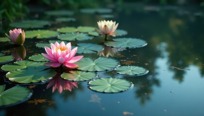 Water lilies create a floral pattern across a tranquil lake, element, photography, water lily