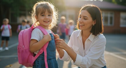 Happy mother helps her little daughter get ready for school, adjusting her pink backpack on a sunny day.