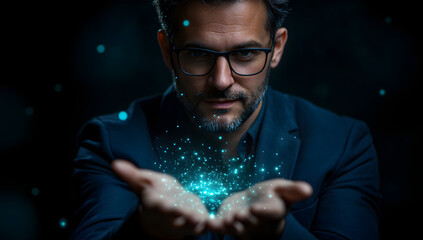 Financial growth and data analytics concept. A professional hand showcasing a graph for corporate performance and strategy