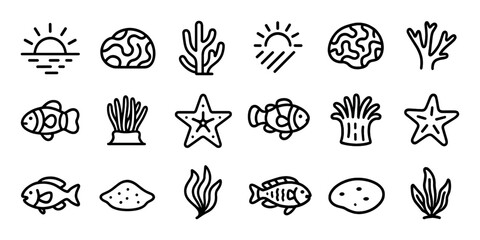 Underwater outline icons set – marine, aquatic, sea life illustration symbols