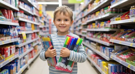 Happy child holding colorful pens and pencils in a supermarket aisle