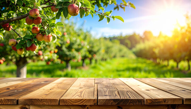Empty wooden table top with a blurred background of an apple tree and garden;