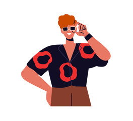 Confident man adjusting sunglasses. Modern style young male with joyful smile, festive summer outfit. Happy cool character in sun glasses. Flat vector illustration isolated on white background