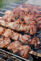 Top down close up of boneless, skinless chicken thighs being grilled.