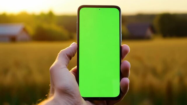 Hand holding smartphone with green screen amid golden wheat field at sunset, highlighting rural digital connectivity and modern agriculture technology