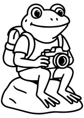 Obraz premium Cute frog with backpack and camera sitting on a rock, black and white vector for engraving, logo, print, book illustration, and clipart