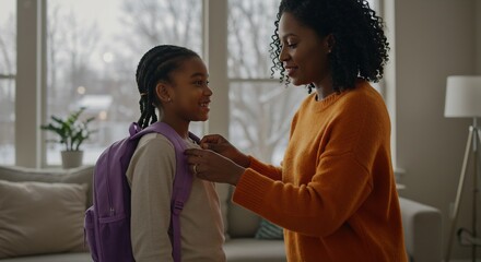 African American Mother Helping Daughter with Backpack, Getting Ready for School, Morning Routine