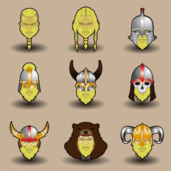 Set icon of viking head with helmet variation.